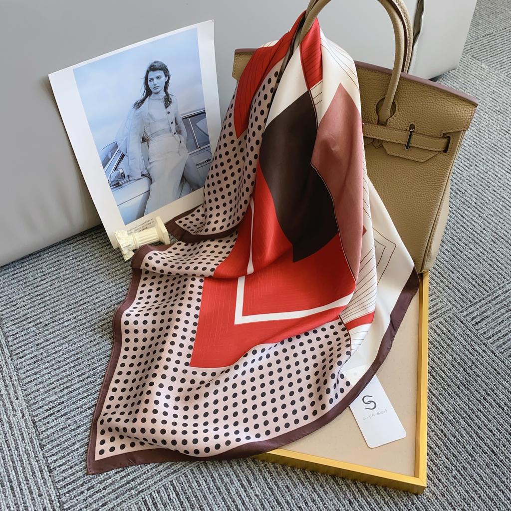 New Square Scarf for Women's Small Silk Scarf Satin Imitation Silk Geometric Print Spring and Summer Thin High-end Versatile Scarf Scarf
