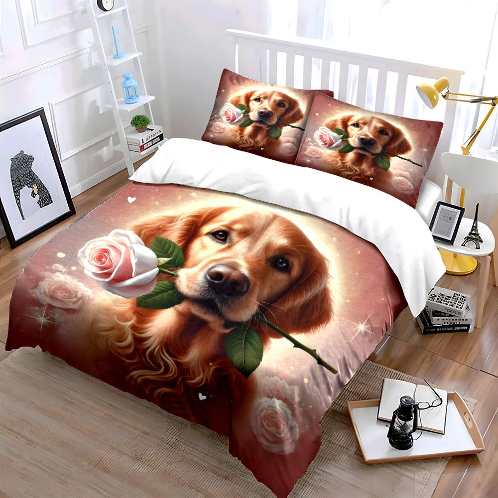 Golden Retriever with Rose Bedding Duvet Cover Set (1*Duvet Cover 2*Pillowcases, without duvet insert)