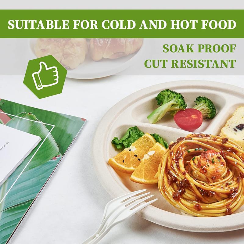 10/30Pcs Compostable 3 Compartment Plates, 8.85 inch Disposable Paper Plates, Eco-Friendly Biodegradable Bagasse Tray for Dinner
