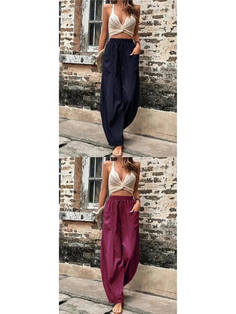 Women's Solid Color Casual Pants with Pockets and Elastic Waist