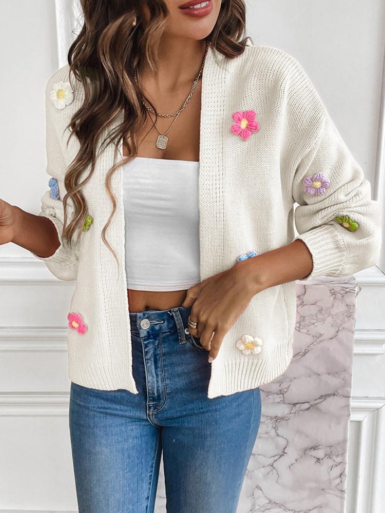 

Вязаный кардиган-свитер-пальто ручной вязки с цветочным узором в милом стиле для женщин, повседневный свободный свитер в ленивом стиле XL белый