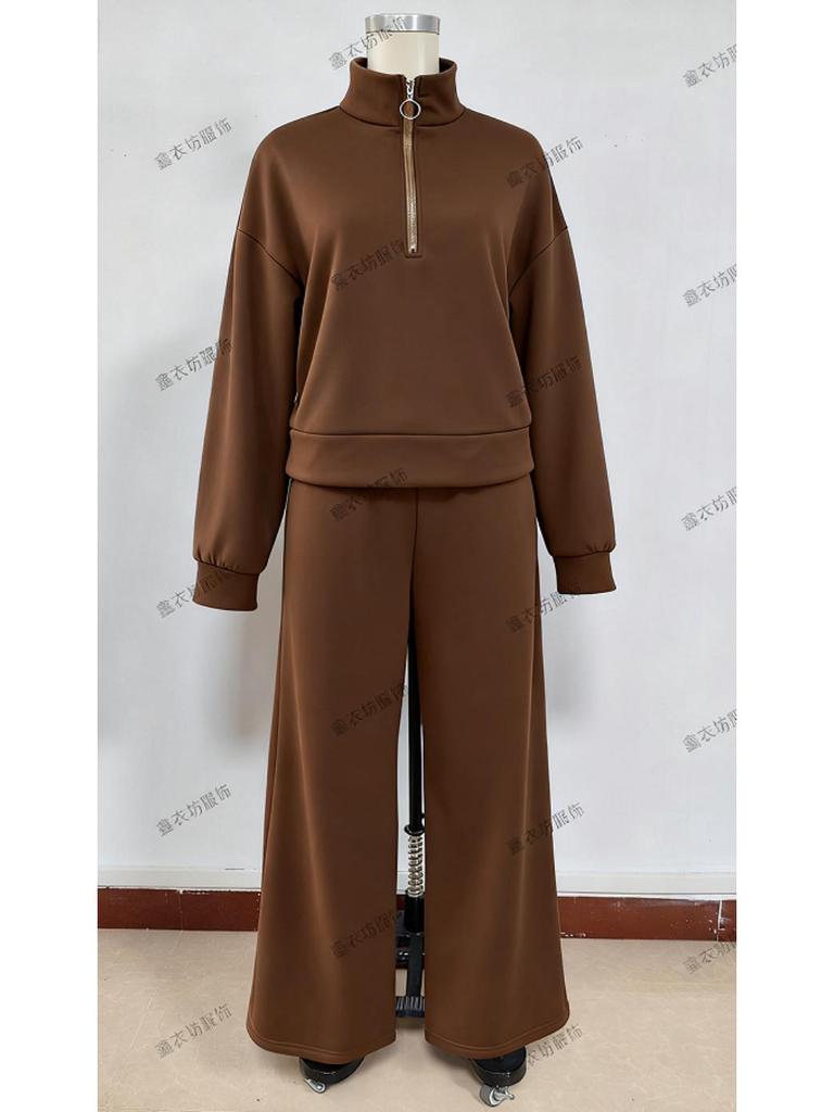 2025 Women's Casual Half-Zip Hoodie and Long Pants Set - European & American Autumn/Winter Style.