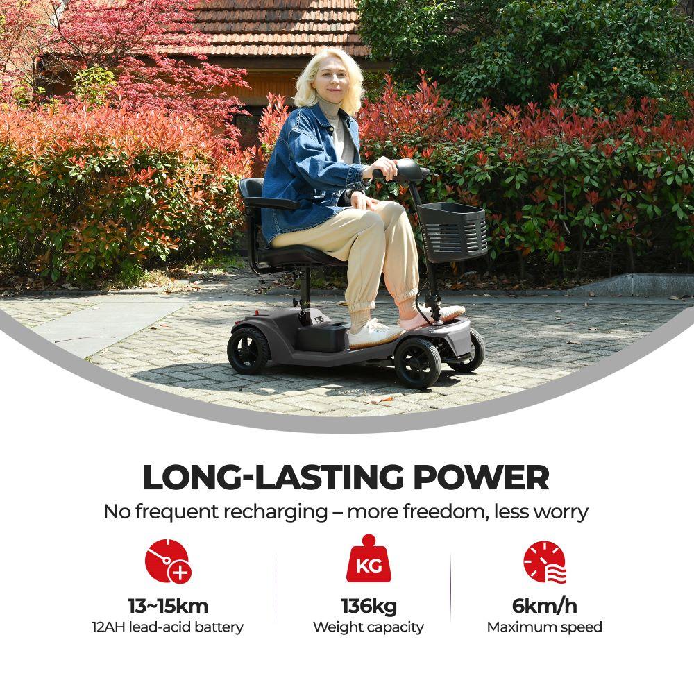 Sweetrich S2 electric mobility scooter, 250W motor, 24V 12Ah battery, electric scooter for seniors, 6KM/H MAX, 15KM range, weight capacity 136KG.