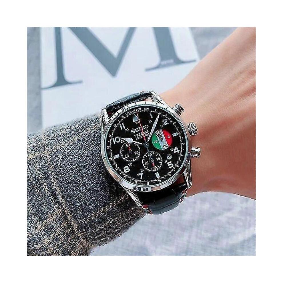 (Black) Seiko Men's Casual Quartz Watch Leather Strap Black And White Dial Automatic Date Multifunction Timer Luminous Six-needle