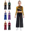 Kids Girls Dance Costume Two-Piece Set Mock Neck Long-Sleeved Sequins Cutout Back Press Button Crop Top with Flowing Chiffon Overlay Wide-Leg Side Sli