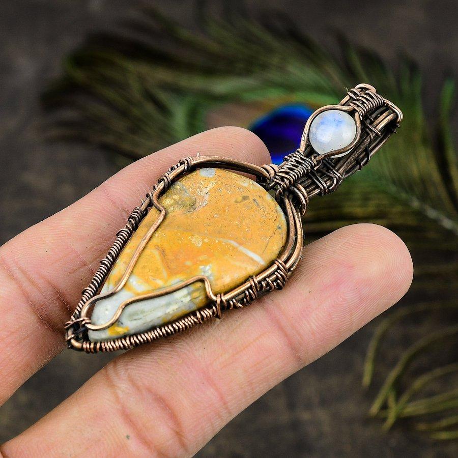 Malinga Jasper, Moonstone Copper Wire Wrap Jewelry Pendant 2.76" B6B06