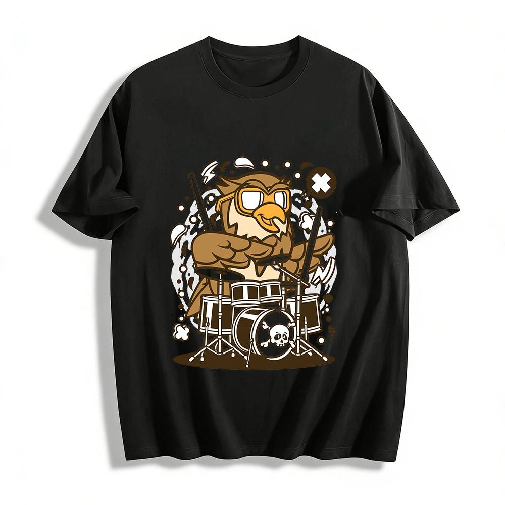 

Cool Owl Playing Drums Graphic Print Casual Unisex T-Shirt Pure cotton T-shirt XXS