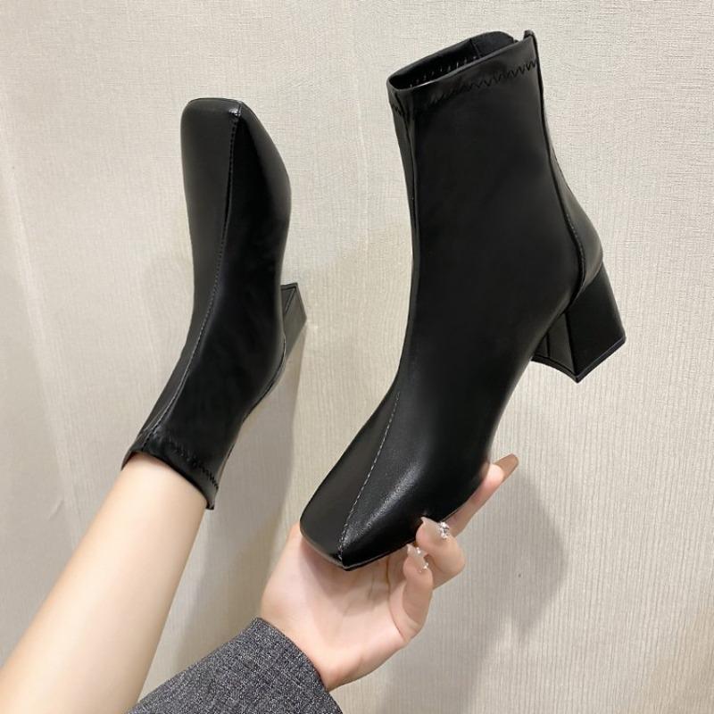 European and American Short Boots Women's 2024 Autumn New Design Sense Square Head Back Zipper Mid Heel Women's Boots Zapatillas