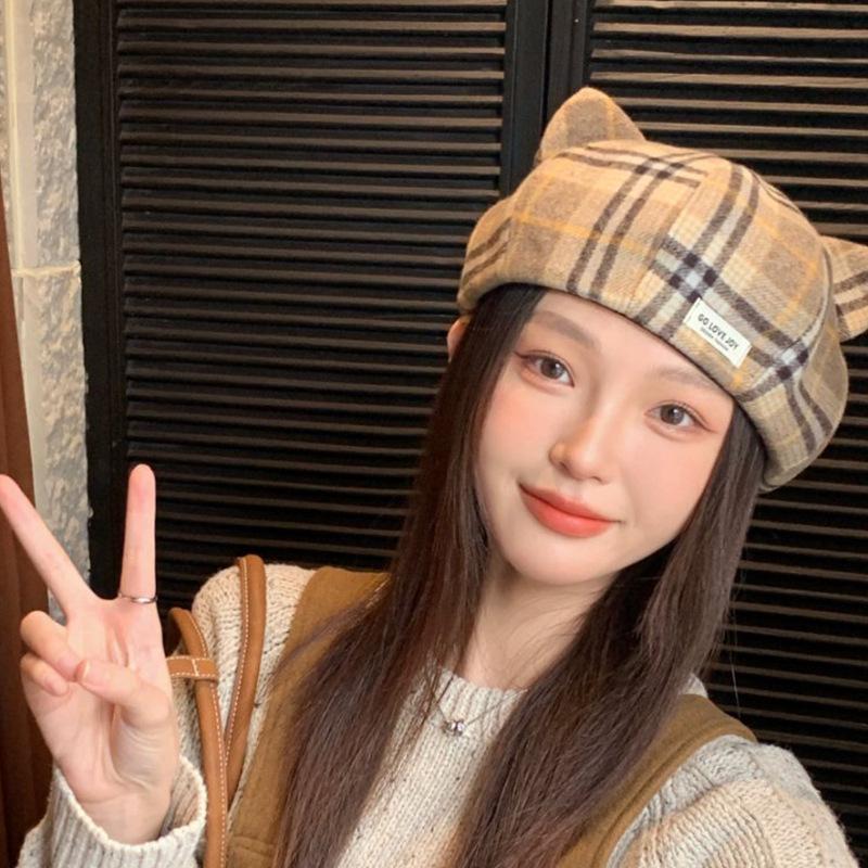 

Ретро клетчатый берет Британская универсальная литературная шляпа художника Осень и зима Шерстяная теплая и милая шапка-восьмиуголка с кошачьими ушками One Size