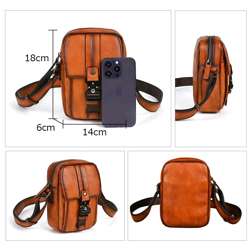 Whatna Antique-Style Tanned Natural Cowhide Leather Mini Shoulder Bag for Men, Crossbody Chest Bag, Perfect for Commuting, School, or Cycling, Small