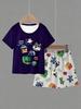 2 Pieces Boys Clothing Set, Summer Cool Pixel Game Graphic T-Shirt and All-Over Print Shorts, Kids Casual Outfits 8-12 Years