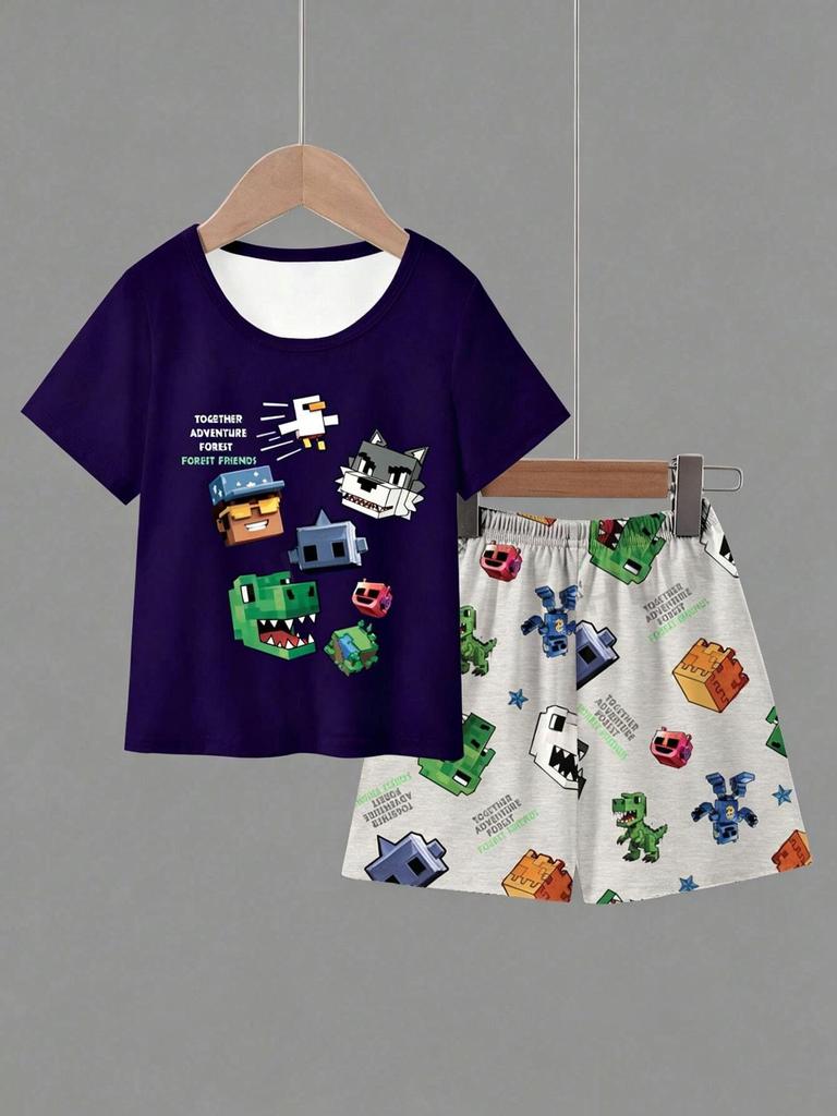 2 Pieces Boys Clothing Set, Summer Cool Pixel Game Graphic T-Shirt and All-Over Print Shorts, Kids Casual Outfits 8-12 Years