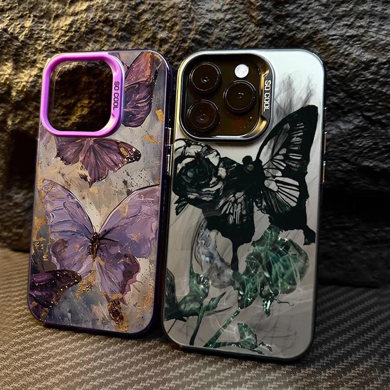 INS Retro Rose Butterfly Phone Case For iPhone 16 15 14 13 12 11 Pro Max XR XS MAX SE 2 3 7 8 PLUS Laser Silver Shockproof Cover
