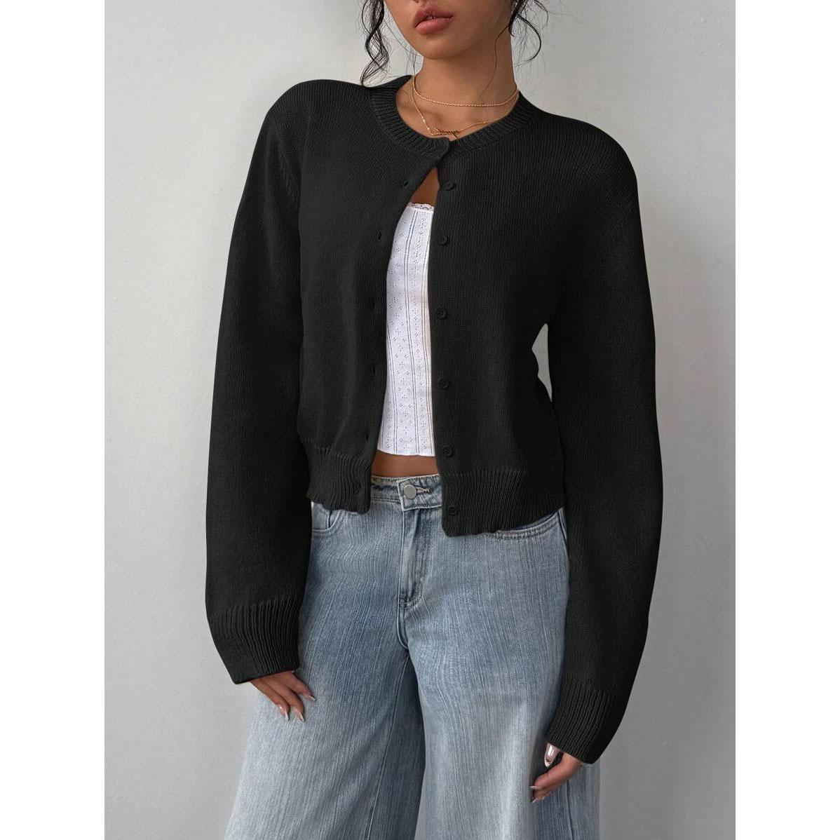 

Женский кардиган свитер с круглым вырезом и длинным рукавом, вязаный, новый стиль, удобный мягкий материал, модная верхняя одежда XL чёрный