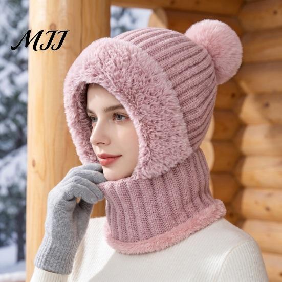 Elastic Warm Hat for Running Windproof Balaclava, Knitted Ski Mask Hat, Fleece Lined Knit with Winter Balaclava Men And Women Pompom, Cozy Neck Warmer
