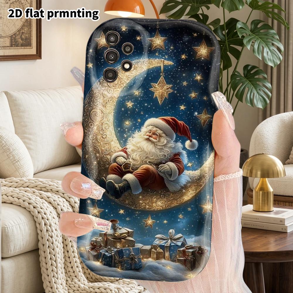 Phone Case: 2D Flat Samsung Galaxy A34 A35 M05 M06 S20 S22 S21 FE Plus 5G Protective Case, Couple Style, Sitting On a Crescent Moon, Christmas and Hal