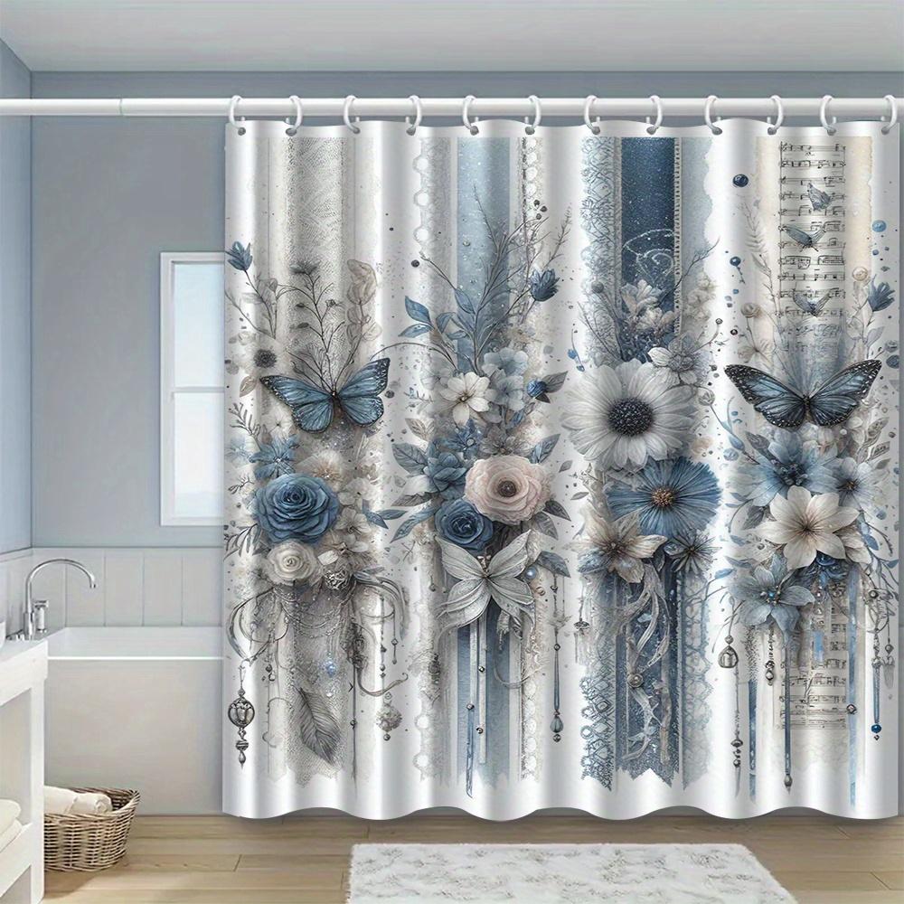1Pc Vintage Blue Floral And Butterfly Patterned Shower Curtain, Polyester Fabric, With Hooks, Suitable For Bathroom Dcor.