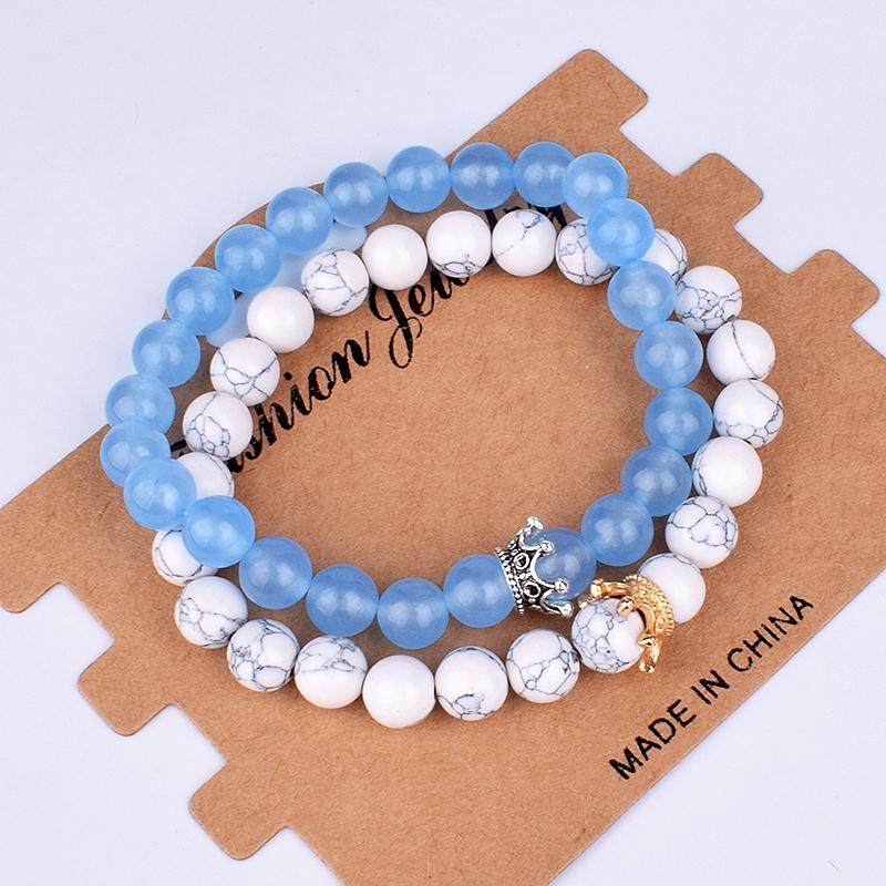 2pcs Charm Paired Bracelets Men Sets Crown Women's Bracelets Natural Stone Beads Wristband Couple Bracelet Gifts Friends Jewelry