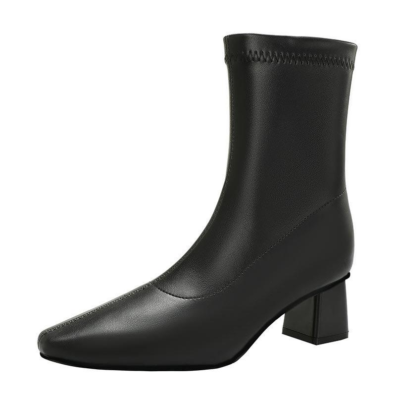 High-heeled short boots women's spring and autumn single boots 2025 new small square head thick heel thin boots brown French medium boots
