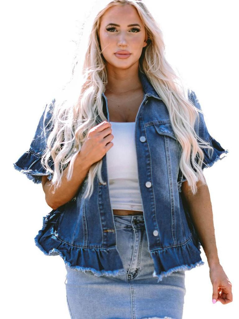 Frühling/Sommer 2025 Damen Europäisch-Amerikanische Gradient Ausgefranste Jeansjacke - Einreihig, Mehrknöpfig, Locker Geschnittenes Mode-Oberteil