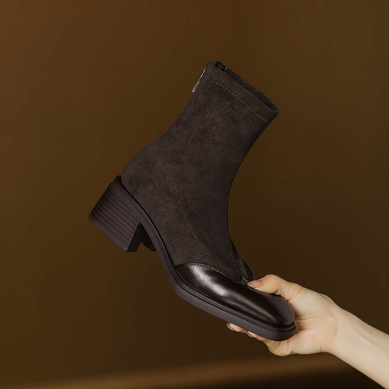 Krazing Pot Microfiber Flock Winter Square Toe Modern Size 33 Boots Size 43 Zipper KPOP Style Fashion Stretch Ankle Boots