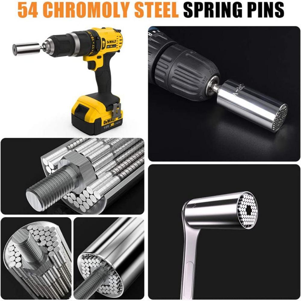 Metric 7-19mm Socket 3/8" Hex Shank Post 1/4"-3/4" Silver Ratchet Socket Universal Socket Tool with Electric Drill Adapter (Silver Socket + Post)