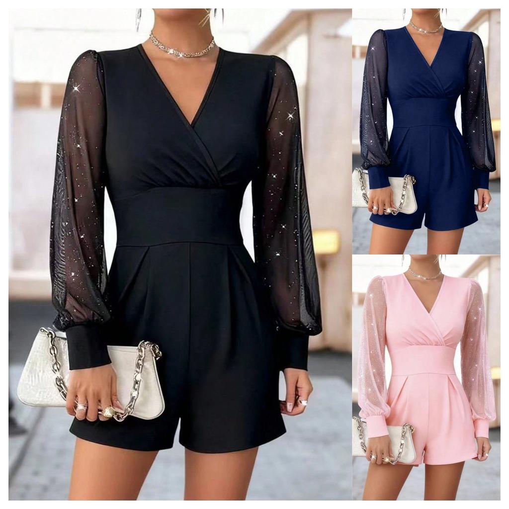 Damen Sommer Frühling Kurze Jumpsuits und Strampler Netz Langarm V-Ausschnitt Bodysuits Damen Elegant Playsuits