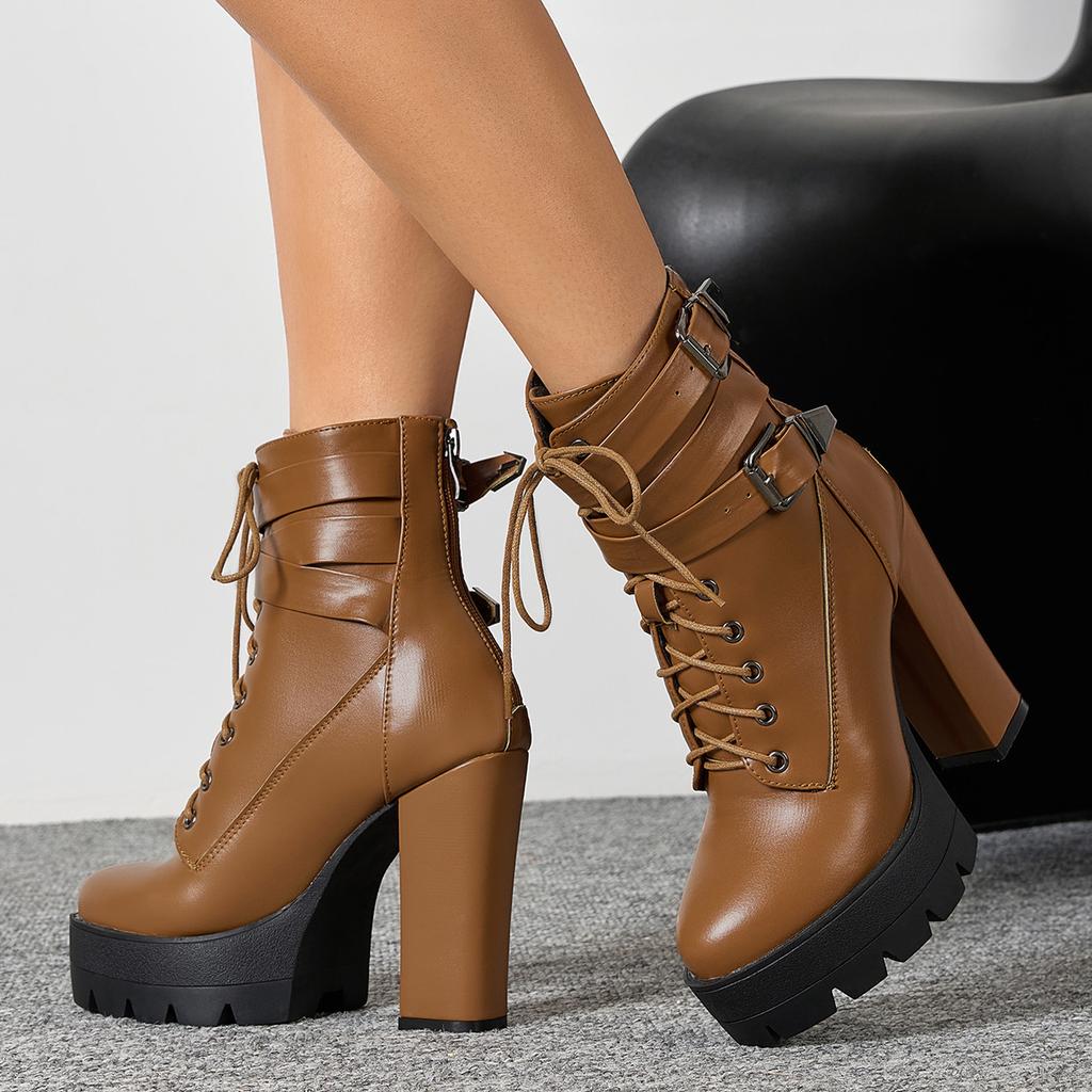 Autumn and Winter Outer Order Fashion High Heel Thick Bottom Large Size Belt Buckle Low Boots