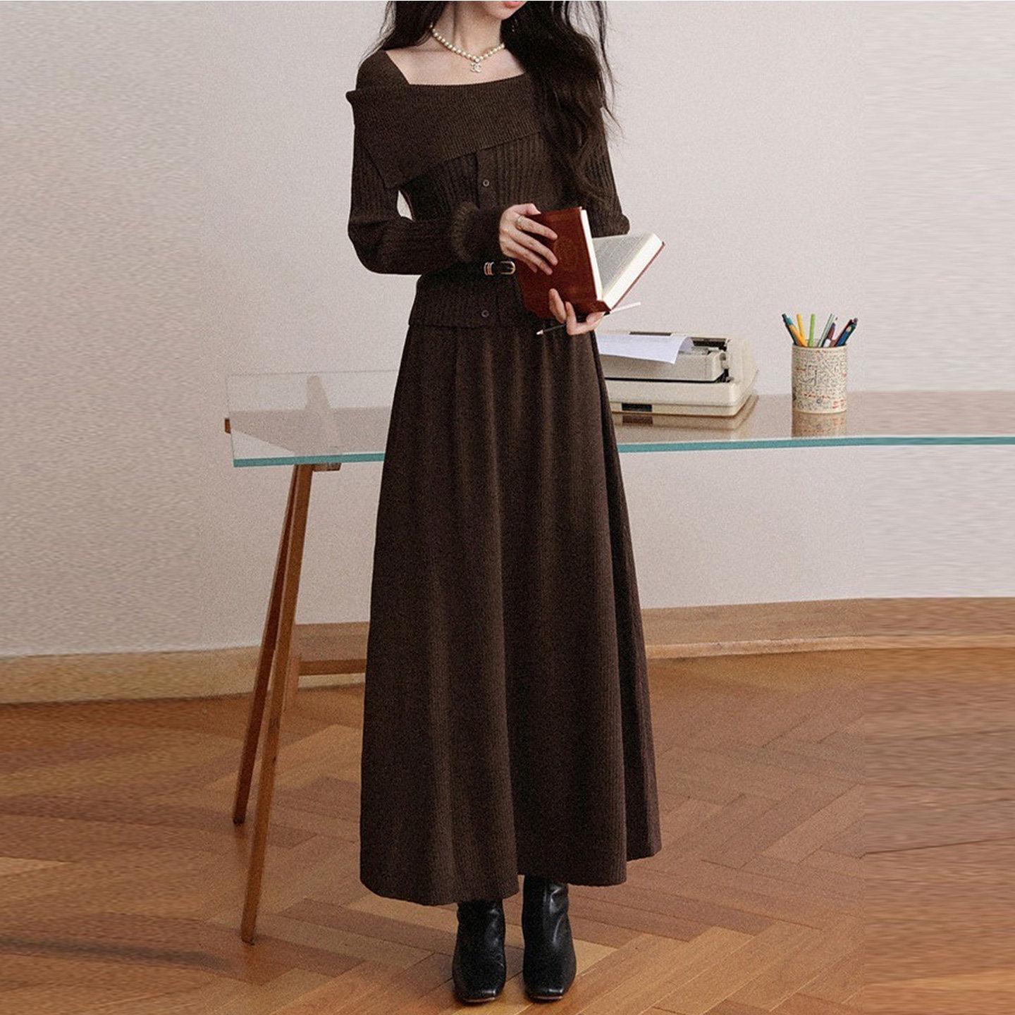 

Elegant One-Shoulder Knit Dress Set for Women - Autumn/Winter Waist-Cinching Slimming Two-Piece with Top and Long Skirt S (Below 49 kg)