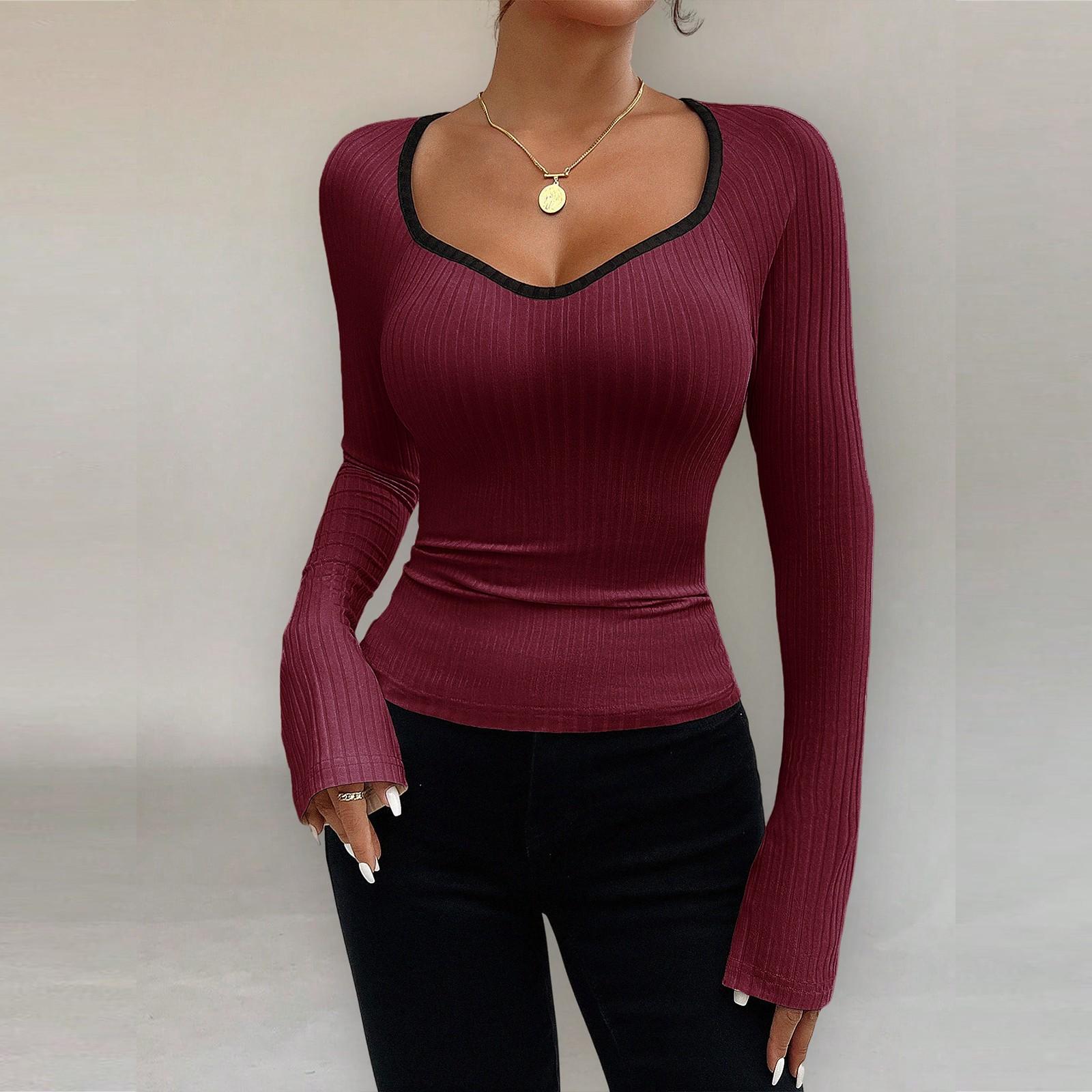 

Женский модный трикотажный базовый топ с длинным рукавом и U-образным вырезом XL винный