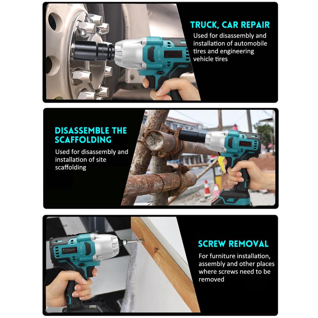 800N.m High Torque Cordless Brushless Electric Impact Wrench 1/2 Inch Power Tools with 2pcs 3.0AH Rechargeable Battery New