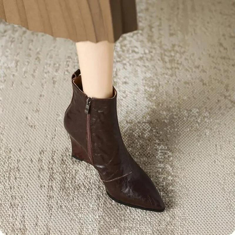 NEW Loafers Wedges Women Shoes Winter High Heels Shallow Elegant Shoes Pointed Toe Side Zipper New Party Dress Ladies Snow Botas