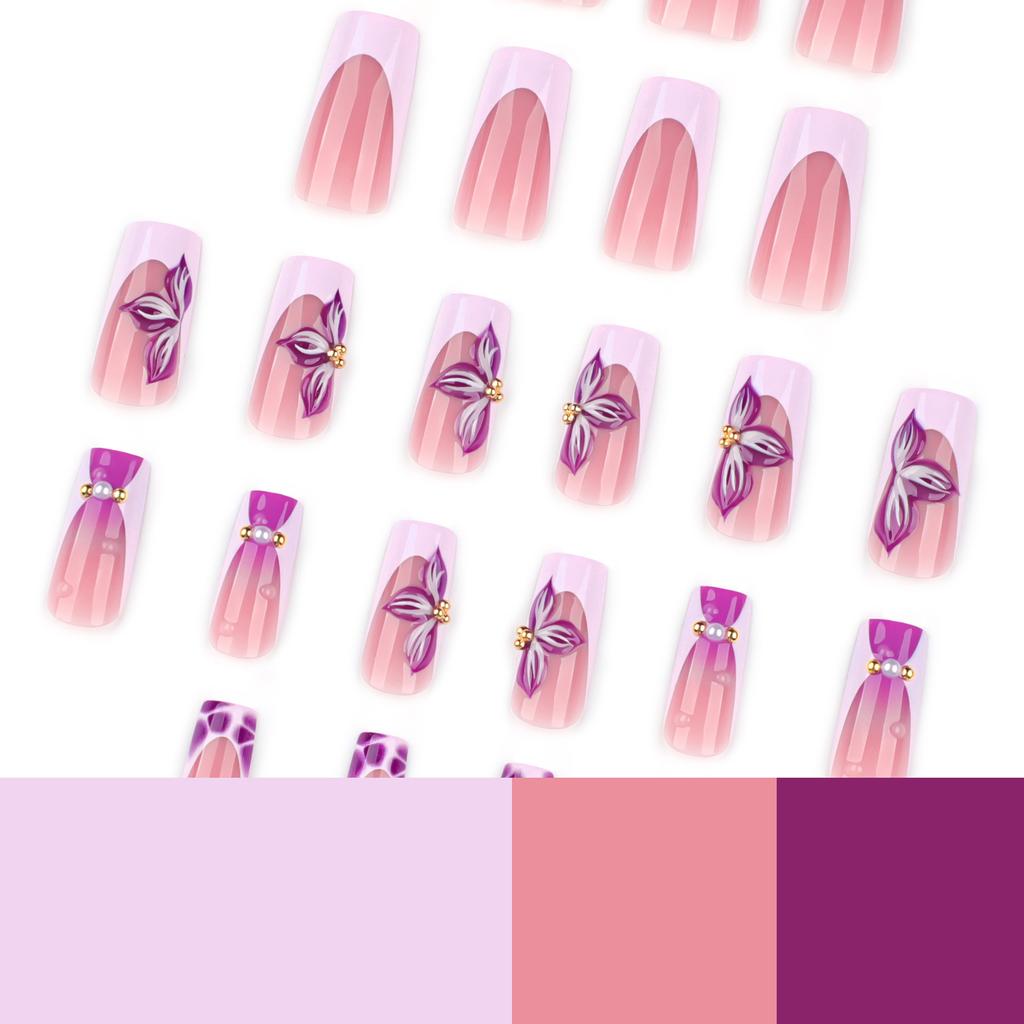 Hot-selling rectangular wearing nail fake nail French pink purple nail 3d flower nail piece