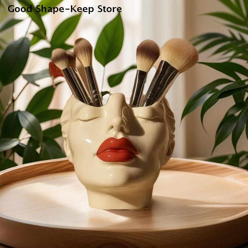 Female Contour Design Pen Holder Elegant Face Vase Decoration Handcrafted Artistic Female Form Head Vase Makeup Brush Holder
