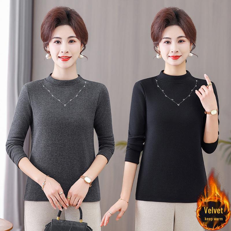 Women's Winter Velvet Base Layer Top, Half-High Collar Sweater for Middle-Aged and Elderly