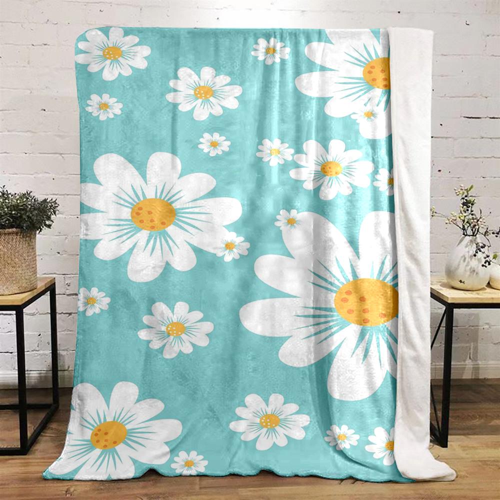 White Daisies on Light Blue Background Flannel blanket for bedroom, living room, sofa, and nap.