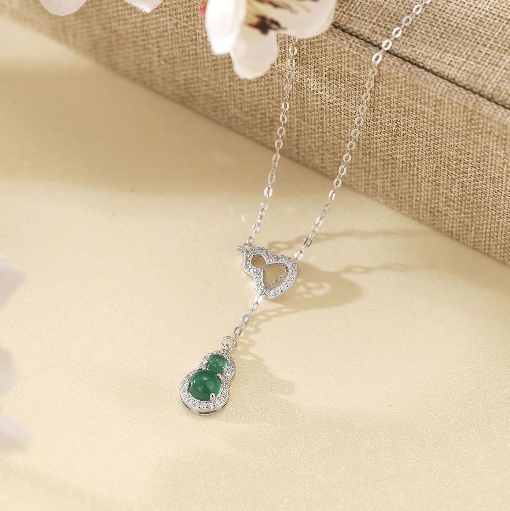 S925 Silver Fulu Necklace Women's Chalcedony Fulu Pendant Double Gourd Premium Sense Interlocking Clavicle Chain