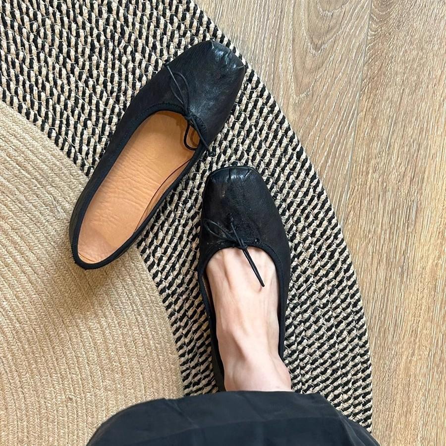 Washed cowhide~ Genuine leather ballet shoes for women to wear bows, temperament, shallow mouth flat-soled single shoes, retro grandma shoes