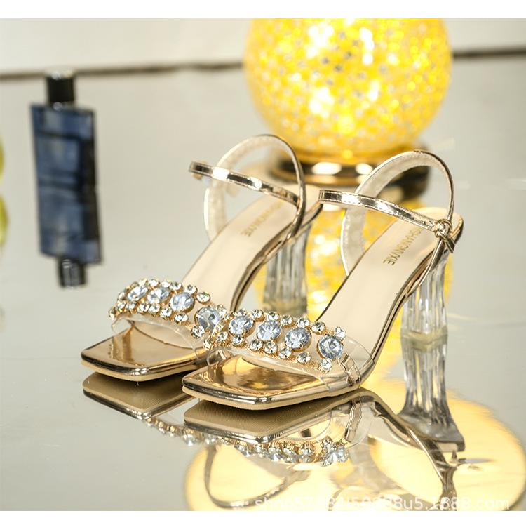 

Summer new fairy wind word with rhinestone gold square head sandals female open toe sexy sparkling high heel crystal shoes 40 золотий