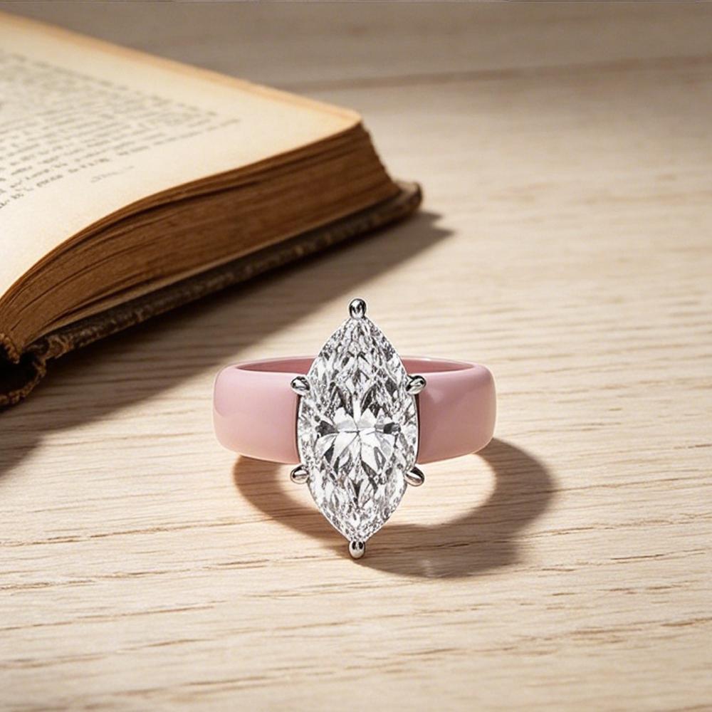 Pink Silicone CZ Ring for Women, Marquise Cut Cubic Zirconia with White Gold Prongs, Daily Wear Casual Fashion Jewelry Gift
