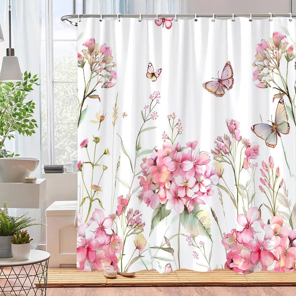 Krásný akvarelový botanický květinový sprchový závěs Růžový modrý květinový Domov Polyesterové sprchové závěsy Koupelnová dekorace s háčky