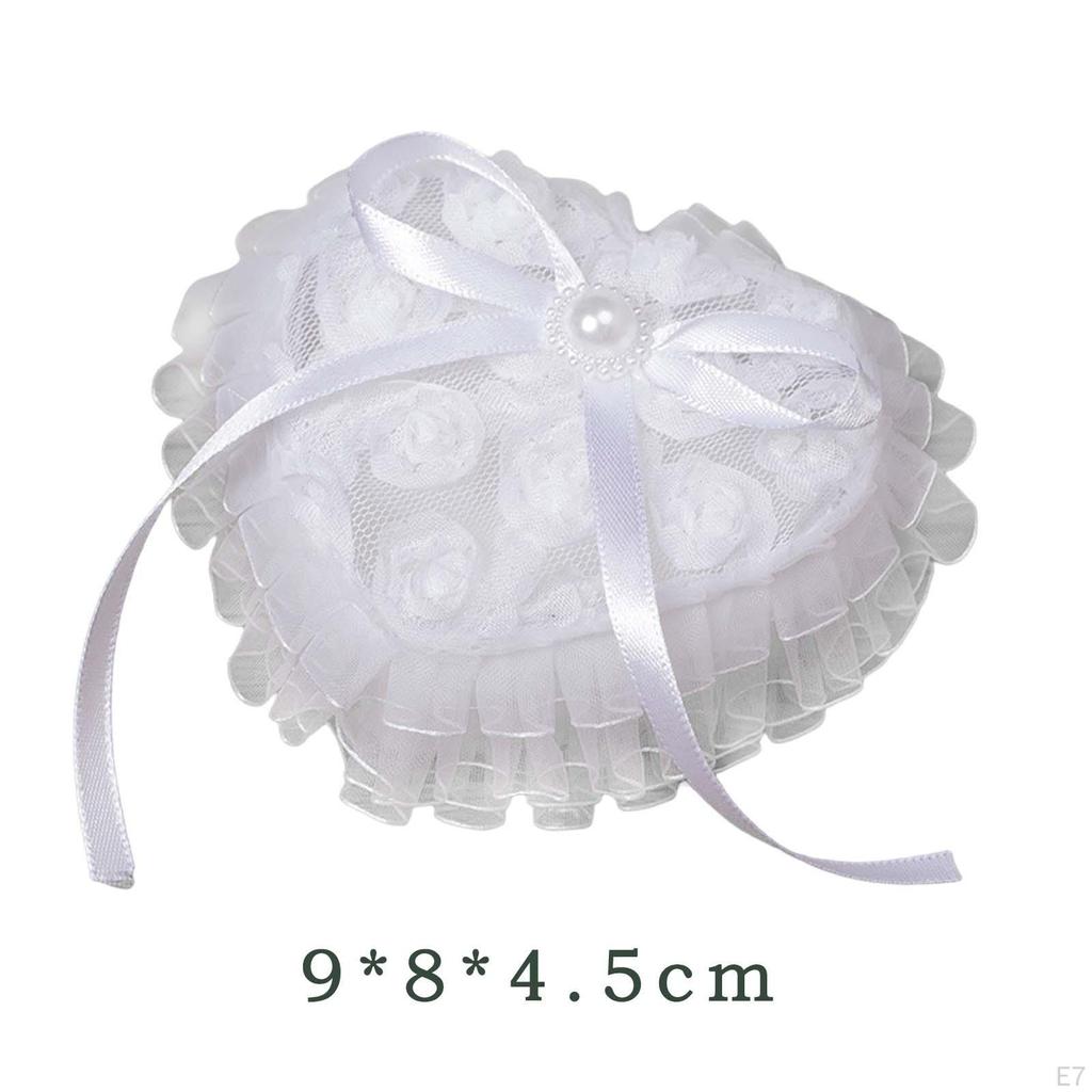 Bridal Ring Holder Cushion Heart Shaped Bearer Box Romantic Pillow with Ribbon for