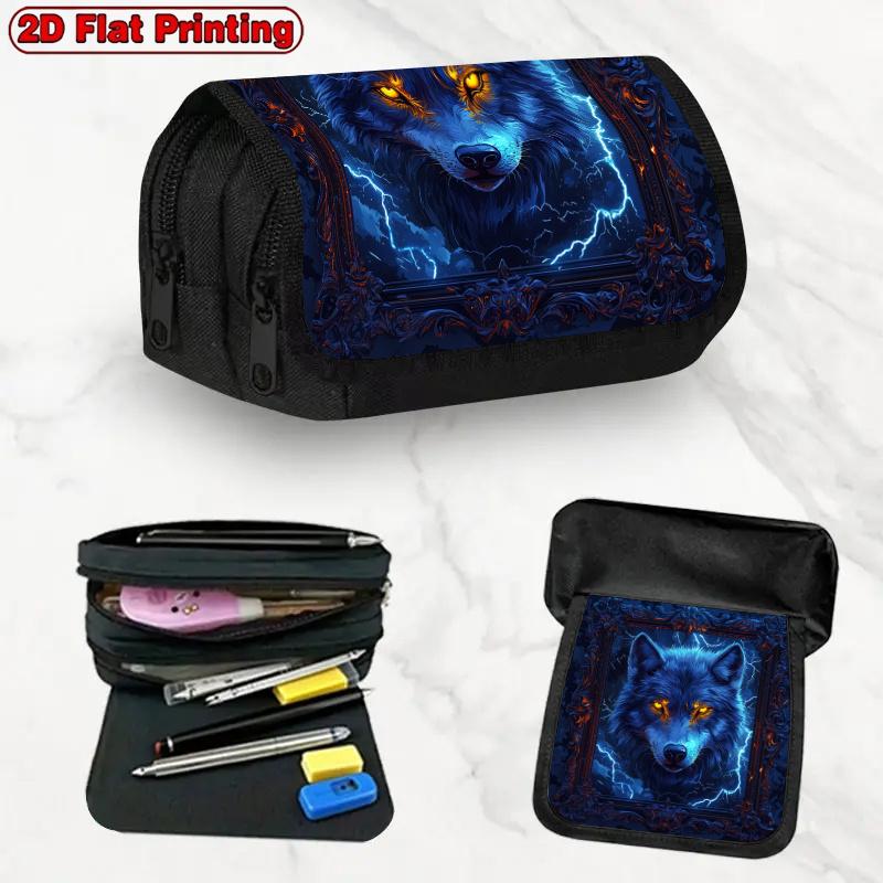 1pz Astuccio Flip Design Lupo Fulmineo - Doppio Strato Multi-Scomparto Chiusura a Zip Adatto per, Ufficio e Viaggio, Elegante Custodia a Tema Lupo