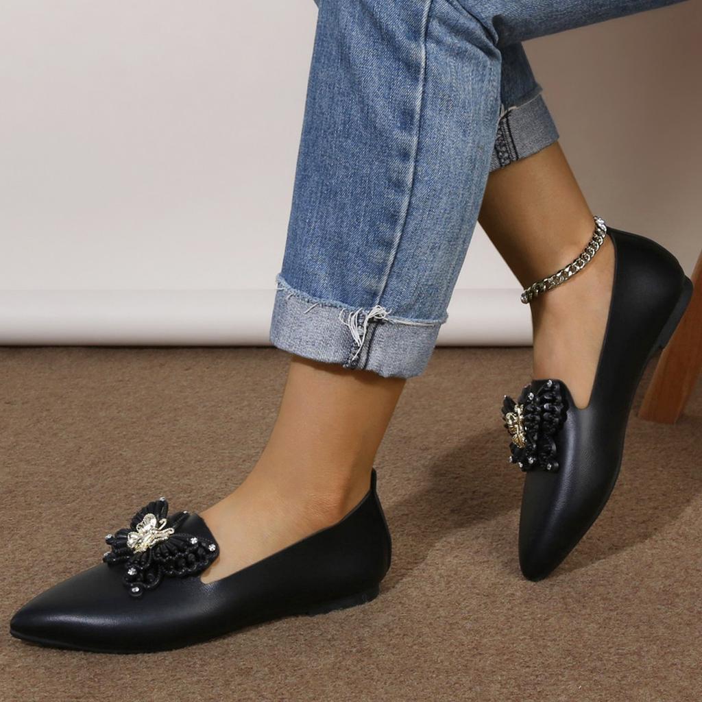 2025 New Pointed Head Butterfly Decoration Shallow Mouth Flat Bottom Versatile Shoes Woman Low Heel Comfortable Leisure Zapatos