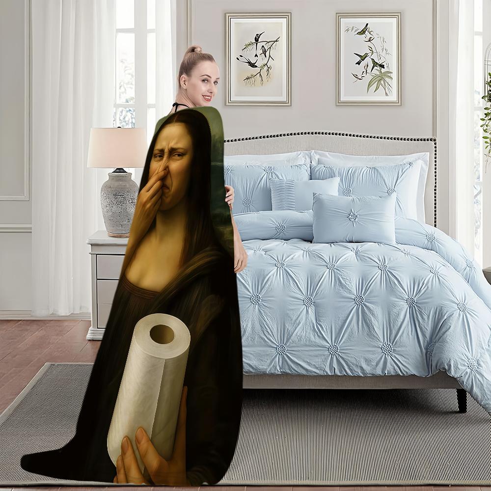 Funny Mona Lisa Covering Her Nose Holding Toilet Paper Blanket Soft Throw Blanket for Picnic Bed Sofa Home Bedroom Cozy Warm