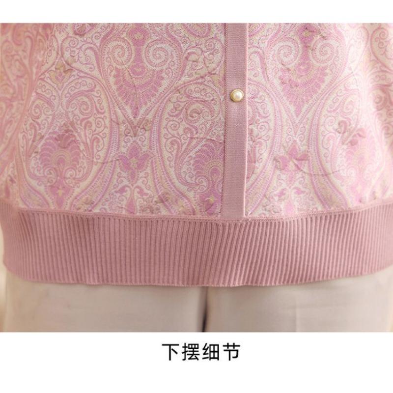 Womens Chinese Style Knit Blouse Floral Print 3/4 Sleeve Button Down Casual Top