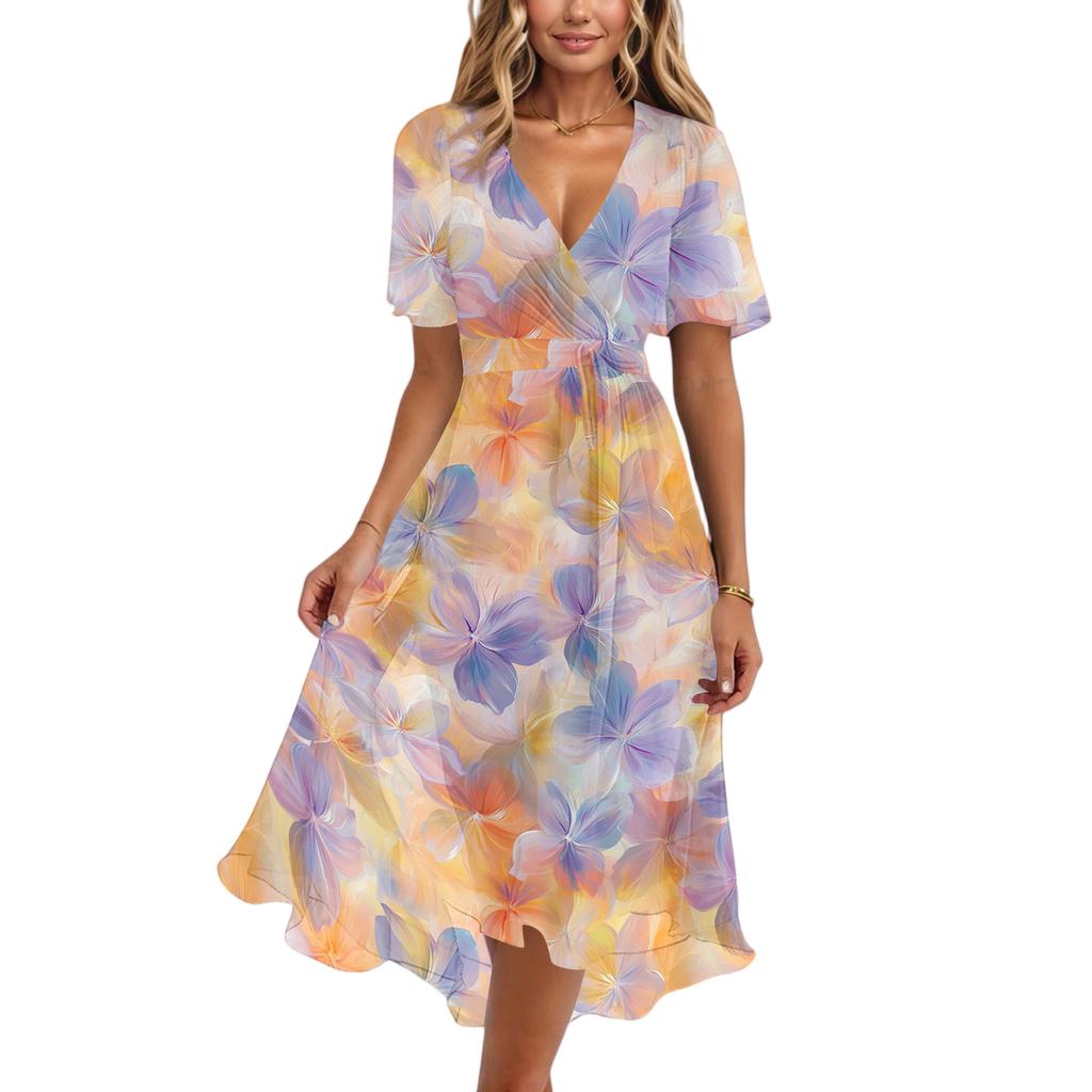Women's Fashion Casual V Neck Short Sleeve Retro Floral Print Dress Midi Length Lightweight Summer Dress