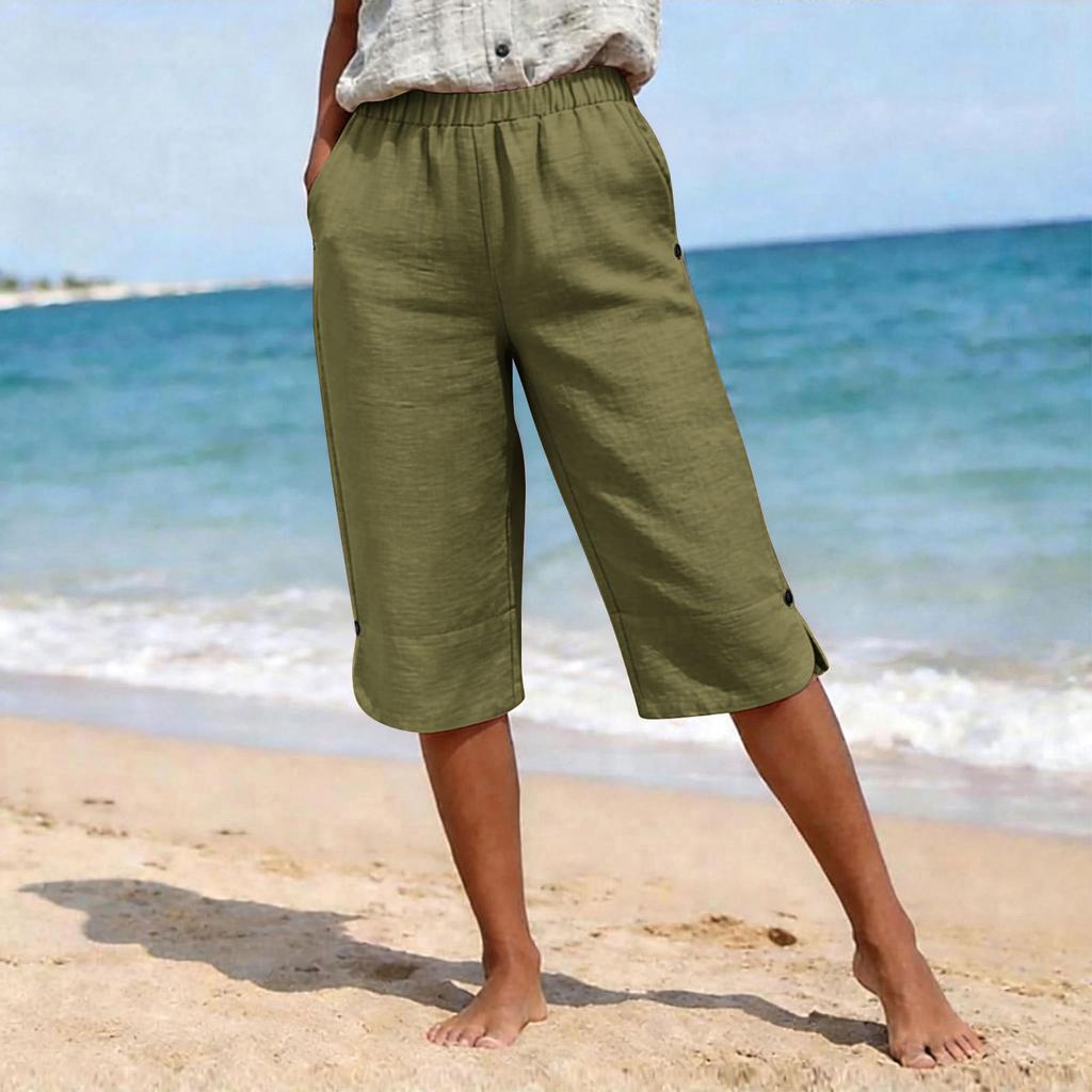 Pantaloni Capri da Donna a Colore Unico in Cotone e Lino, Vestibilità Larga, con Cintura e Tasche Multiple Anteriori e Posteriori