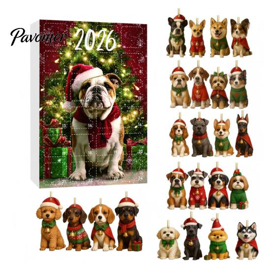 Gift Box for Boys Girls Dog Advent Calendar, 2D Acrylic Breeds Ornaments, 24-Days Christmas Party Favors Enthusiasts Countdown Calendar with 24 Puppy
