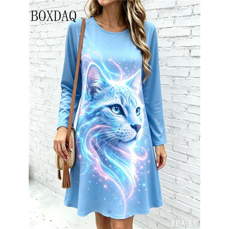 2026 Women's Fashion Dresses Women's Polka Dot Leopard Print Dress Loose Pullovers Casual Autumn Long Sleeve Home A-Line Dress